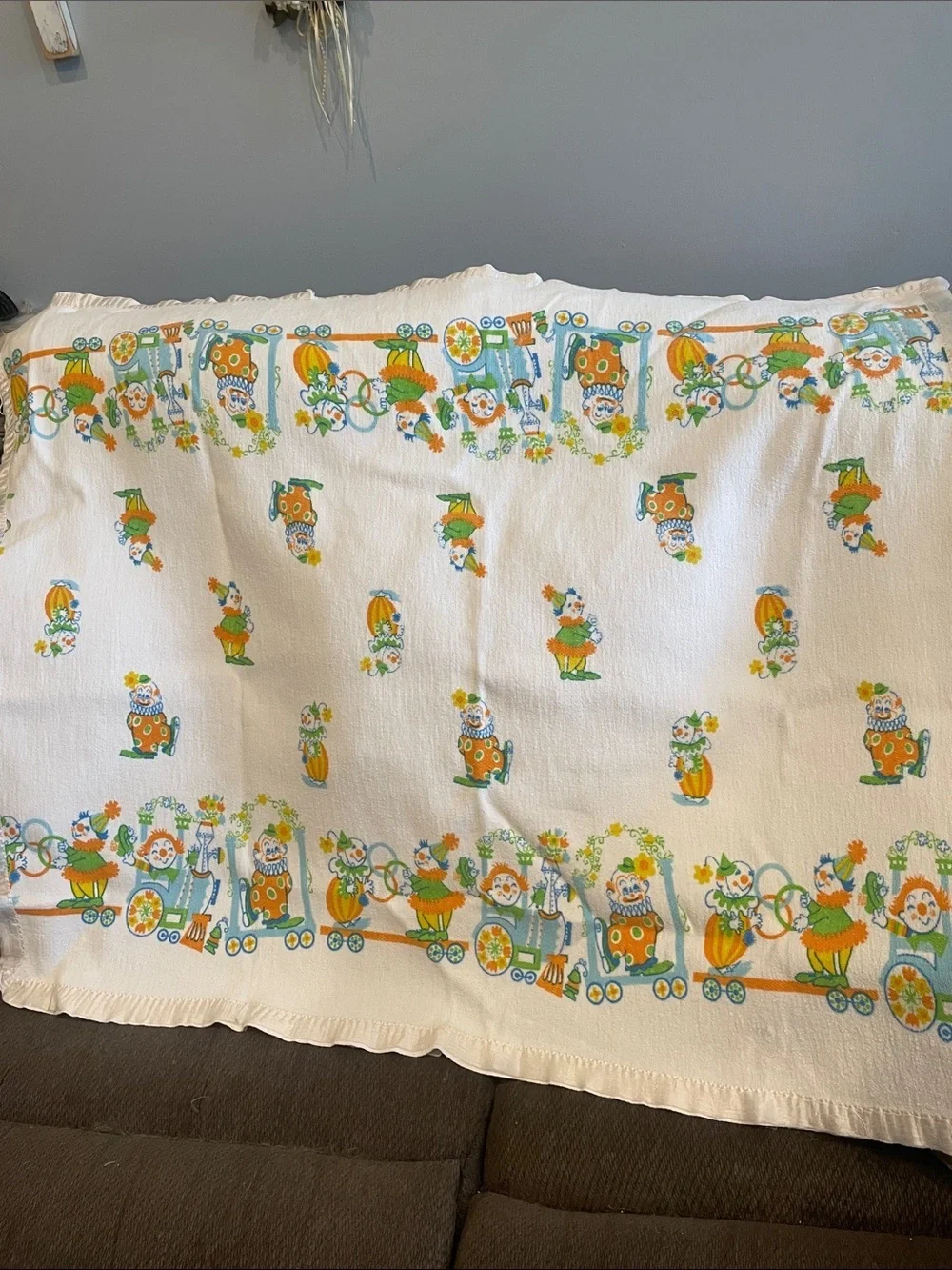 Vintage Clown Print baby’s blanket  in White, Orange & Green & blue